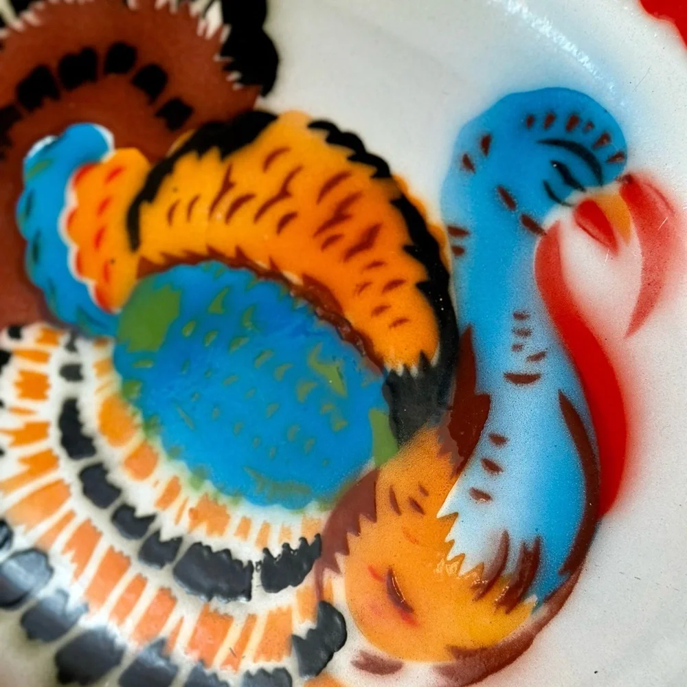 Retro Enameled Metal Colorful Turkey Design Platter for Summer or Holiday